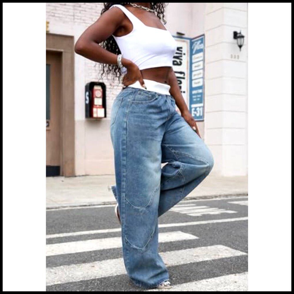Wide Leg Denim Pants Stretchy Y2K Streetwear Baggy High Rise Color Block - Picture 3 of 7